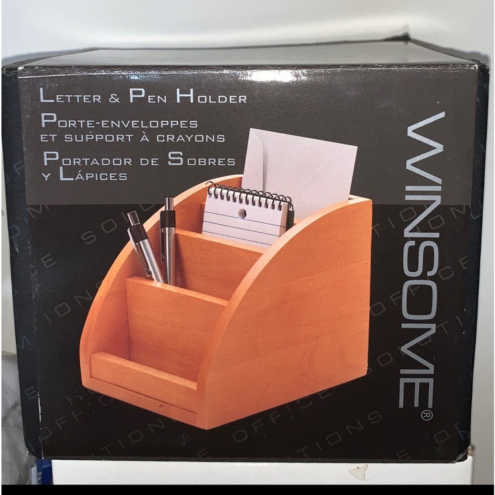 Small wooden letter pen and paper organizer holder for desk